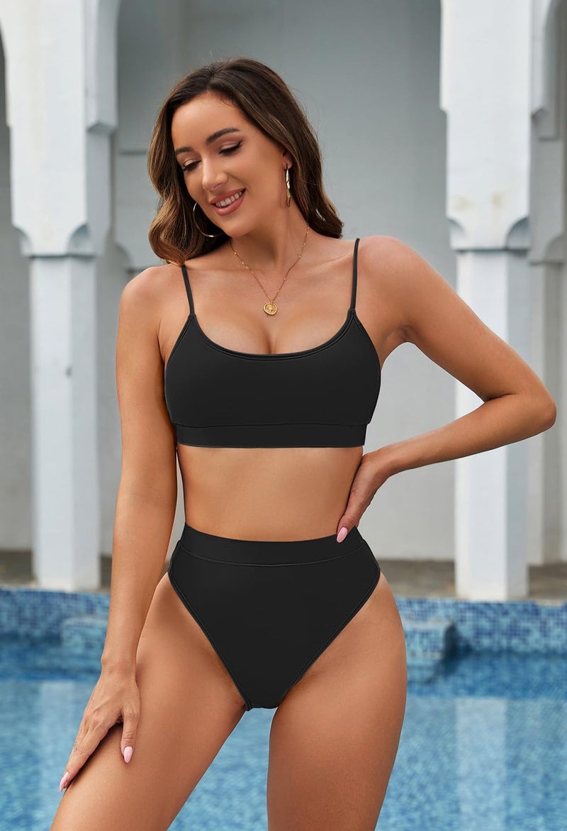 Pink Queen Women's High Cut High Waisted Cheeky Two Piece Swimwear M Black - Image 2